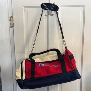 Champion Red, White, and Navy Colorblock Duffel Bag with Logo